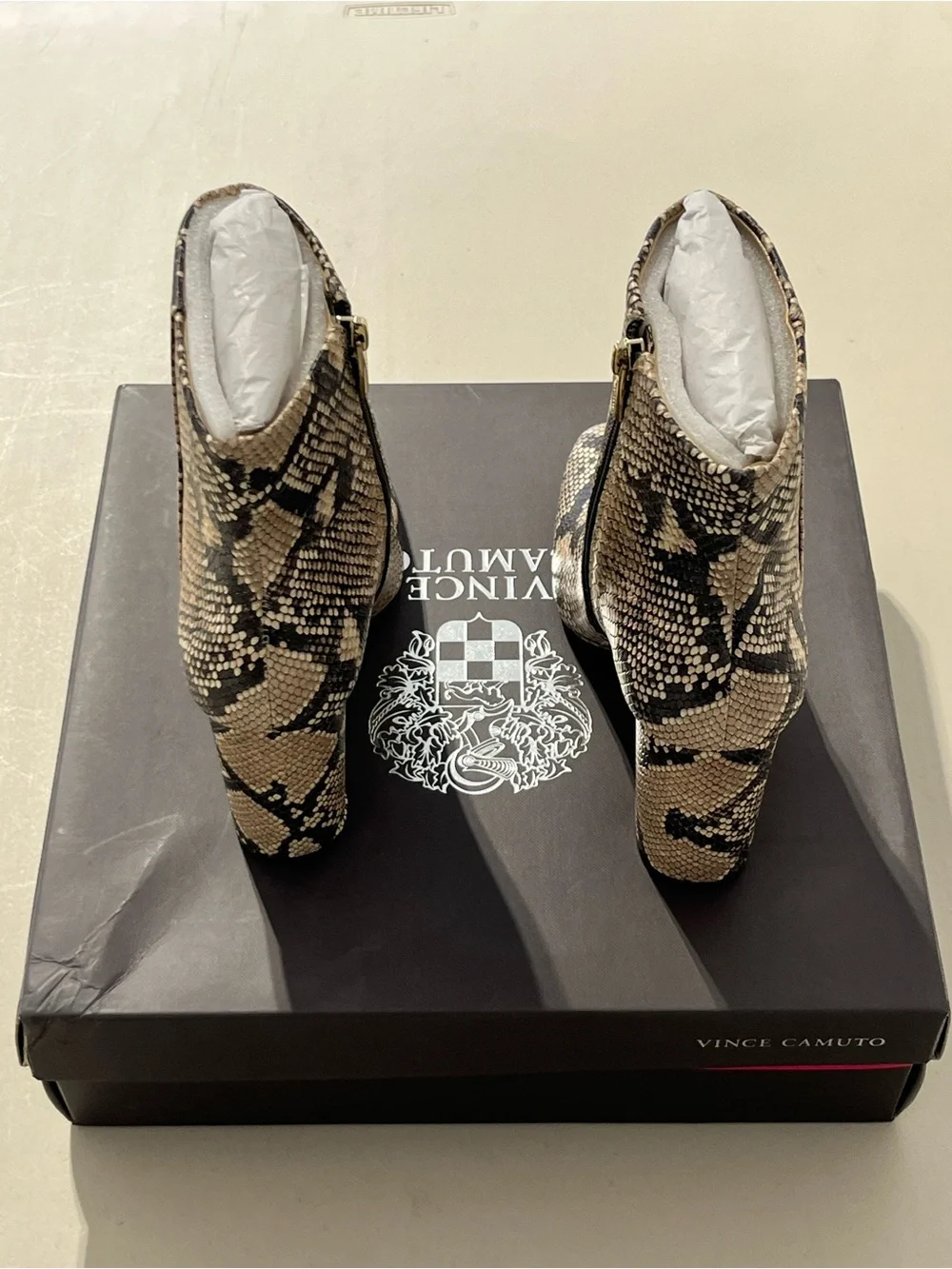 Vince Camuto Snake-Print Ankle Booties in Beige and Black